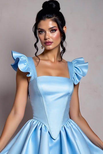 Blue Satin Square Neck A Line Homecoming Dress with Ruffles
